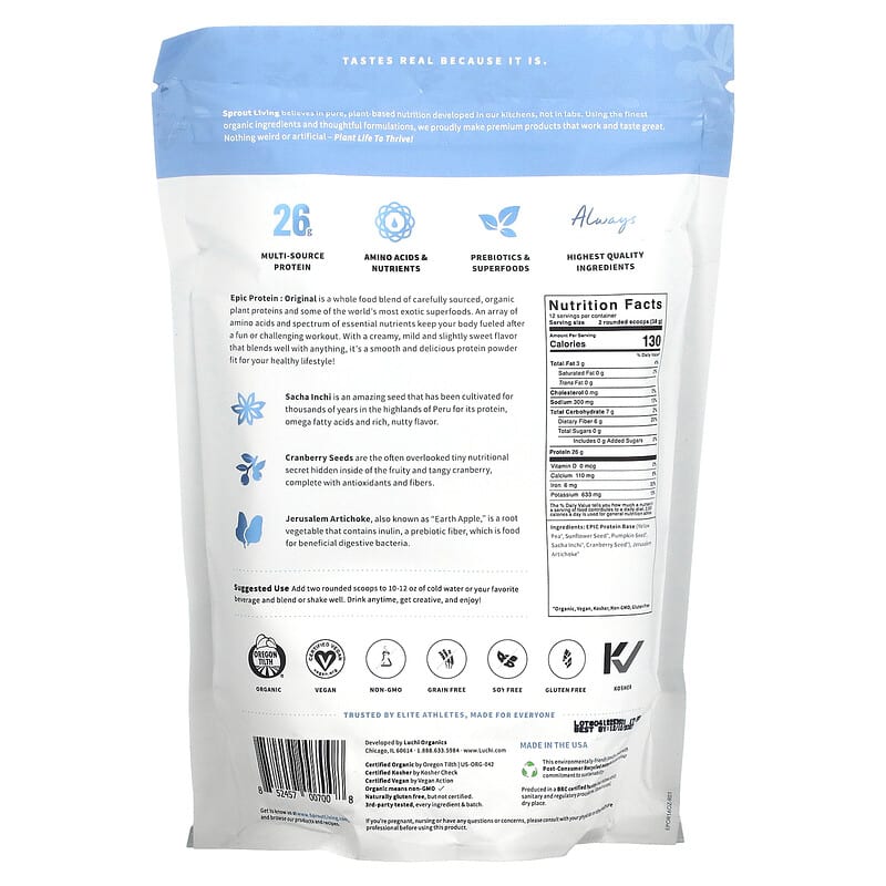 Sprout Living, Epic Protein, Organic Plant Protein + Superfoods, Original, 1 lb (456 g) 852457007008