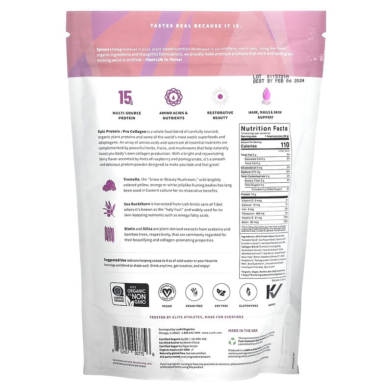 Sprout Living, Epic Protein, Organic Plant Protein + Superfoods, Pro Collagen, 0.7 lb (336 g) 852457007756