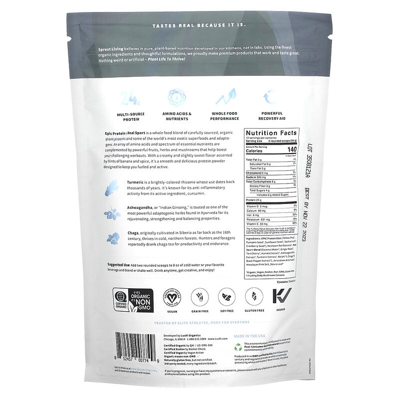 Sprout Living, Epic Protein, Organic Plant Protein + Superfoods, Real Sport, 1 lb (456 g) 852457007749