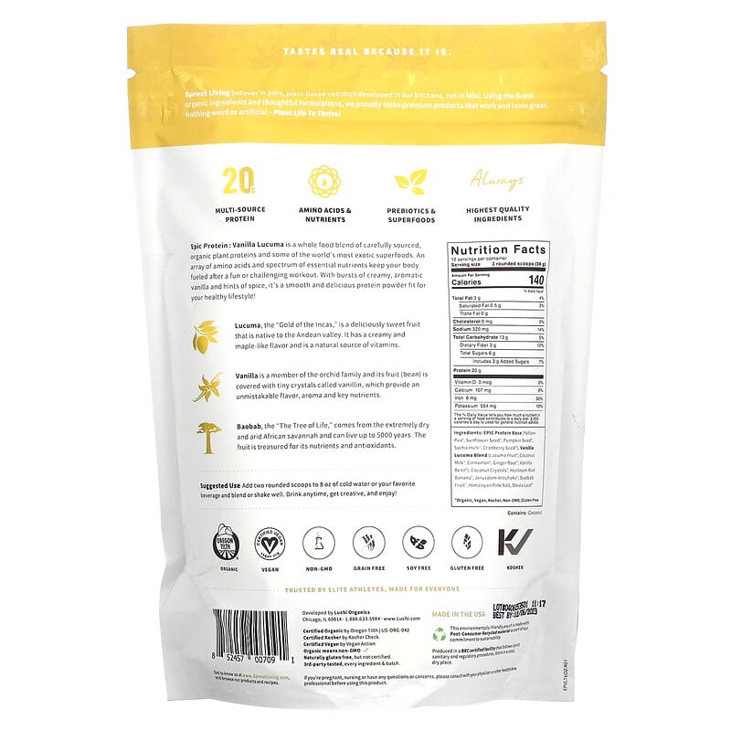 Sprout Living, Epic Protein, Organic Plant Protein + Superfoods, Vanilla Lucuma, 1 lb (456 g) 852457007091