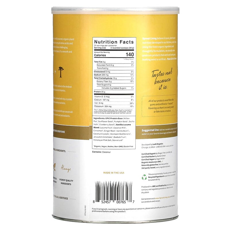 Sprout Living, Epic Protein, Organic Plant Protein + Superfoods, Vanilla Lucuma, 2 lb (912 g) 852457007657