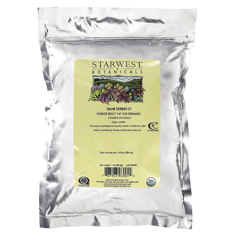 Starwest Botanicals, Organic Ginger Root 1/4" C/S, 1 lb (453.6 g) 767963060044