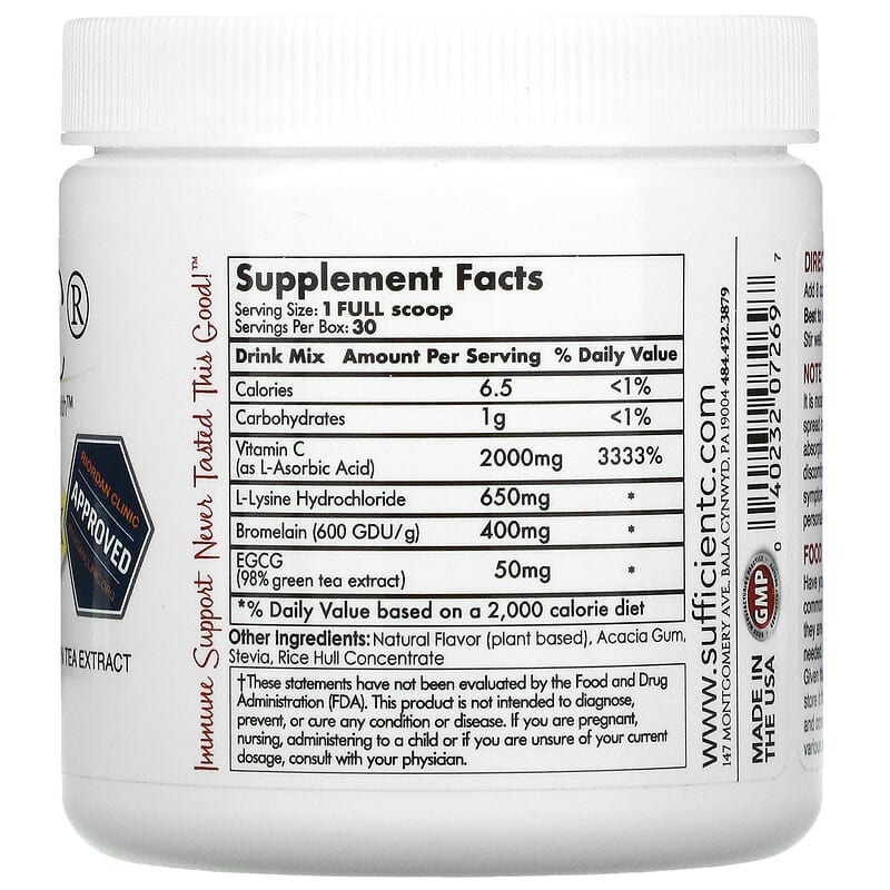 Sufficient C, High Dosed Immune-Ade Drink Mix, Lemon Peach, 4,000 mg, 125 g 40232072697