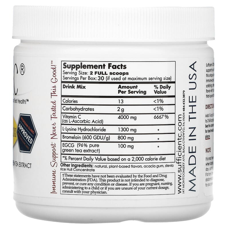 Sufficient C, High Dosed Immune-Ade Drink Mix, Lemon Peach, 4,000 mg, 250 g 40232053870