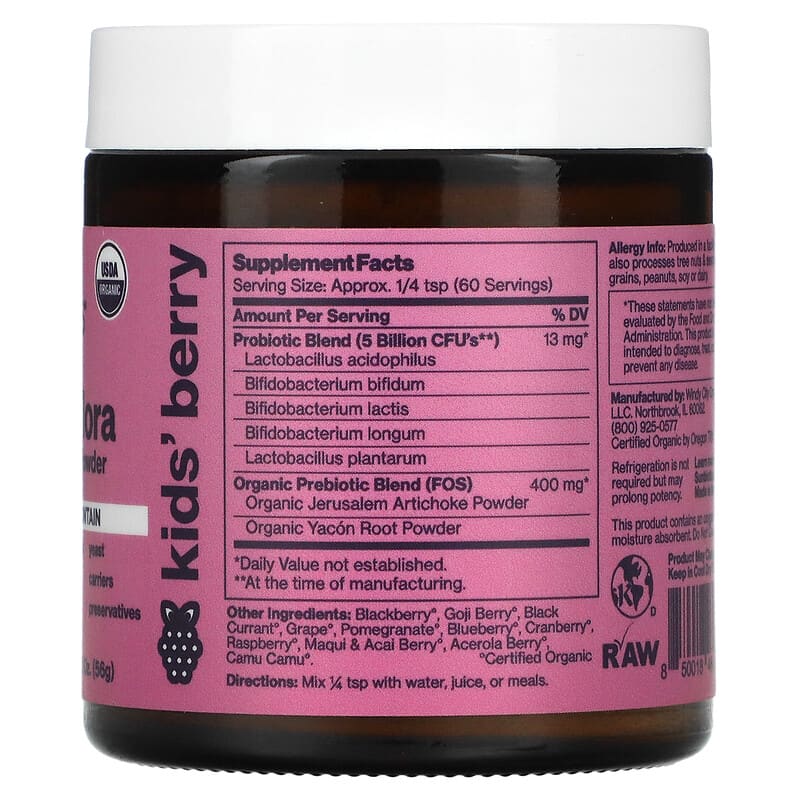 Sunbiotics, Kids! Friendlier Flora, Probiotic & Prebiotic Powder, Berry, 5 Billion, 2 oz (56 g) 850018464963