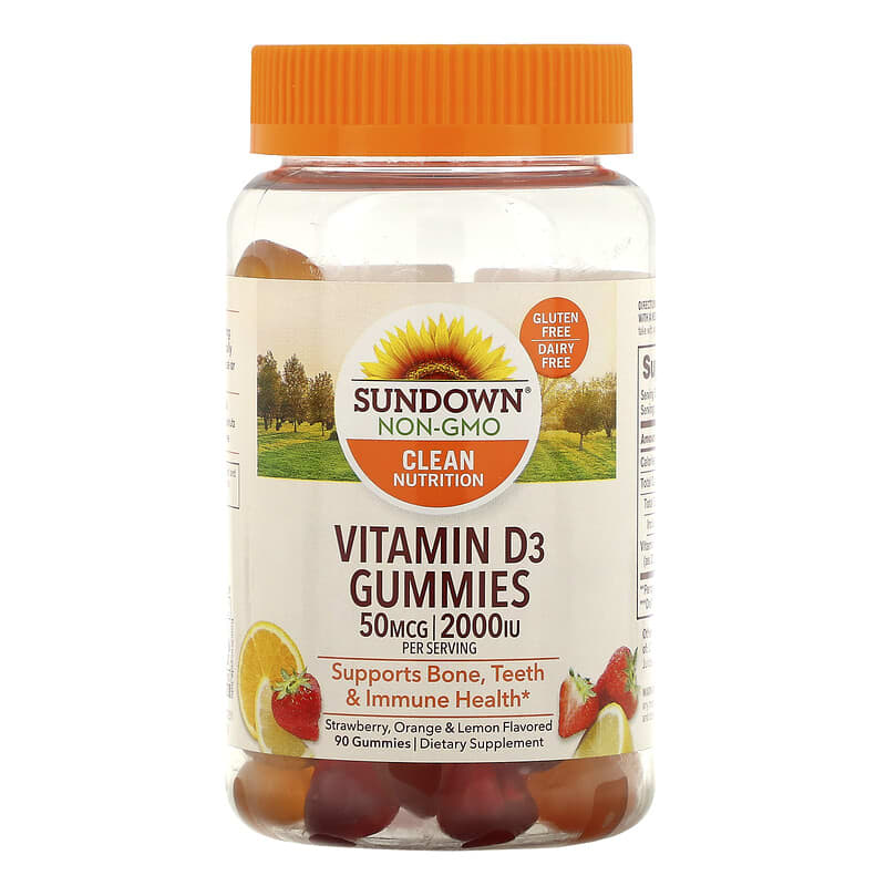 Sundown Naturals Vitamin D3 Gummies Strawberry Orange & Lemon Flavored 25 mcg (1,000 IU) 90 Gummies 30768534912