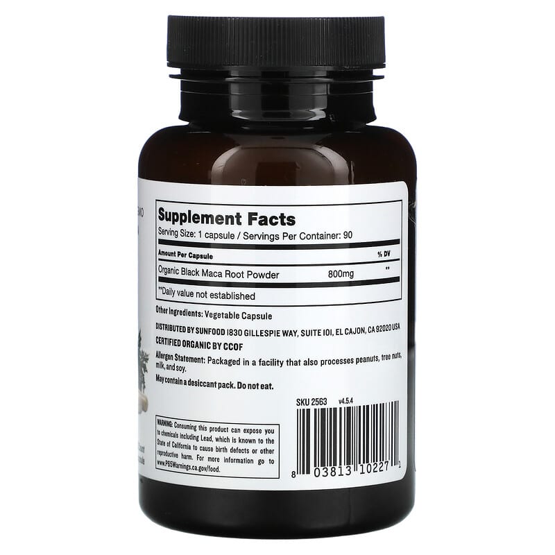 Sunfood, Black Maca, 800 mg, 90 Capsules 803813102271