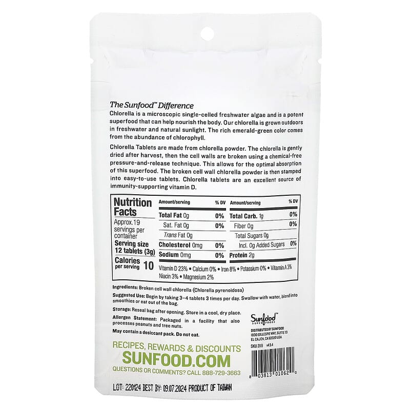 Sunfood, Broken Cell Wall Chlorella Tablets, 250 mg, 228 Tablets, 2 oz (57 g) 803813010620