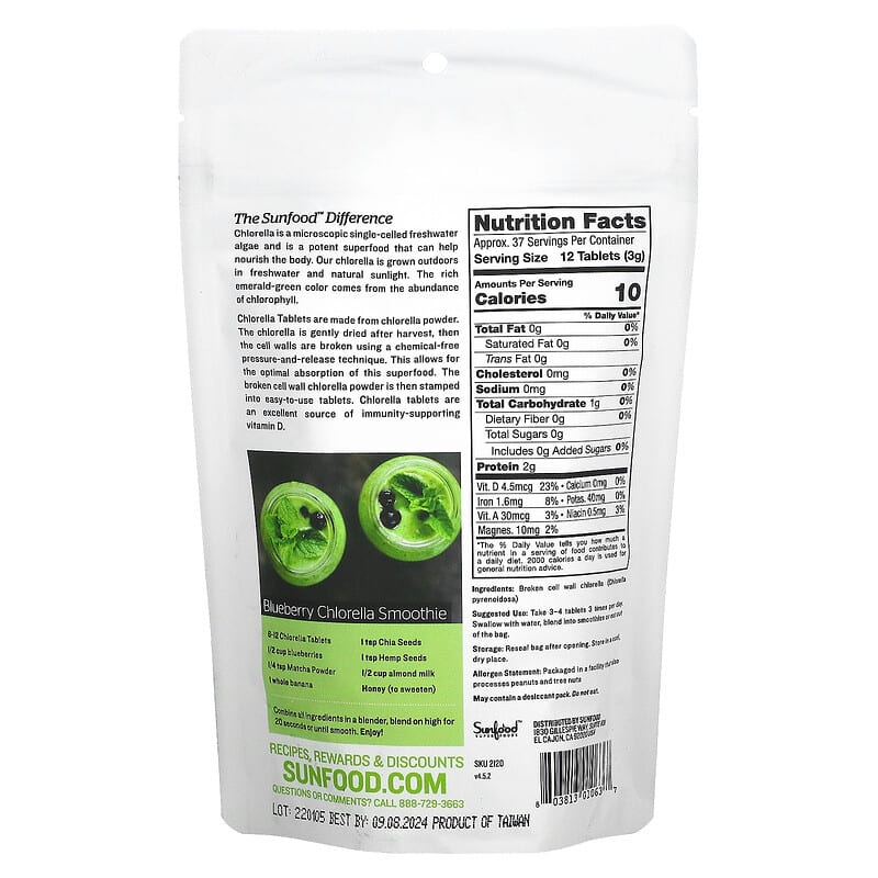 Sunfood, Broken Cell Wall Chlorella Tablets, 250 mg, 452 Tablets, 4 oz (113 g) 803813010637