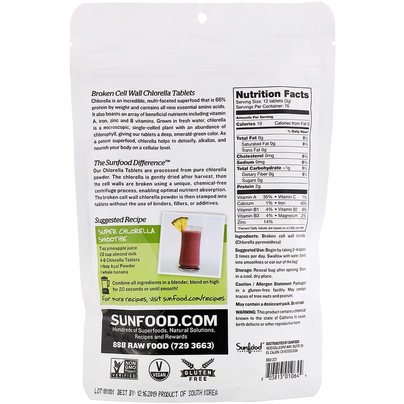 Sunfood, Broken Cell Wall Chlorella Tablets, 250 mg, 912 Tablets, 8 oz (227 g) 803813010644