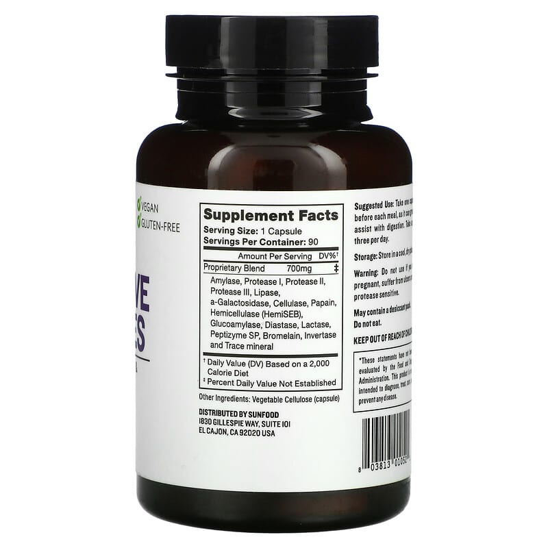 Sunfood, Digestive Enzymes, 700 mg, 90 Vegi Caps 803813010521