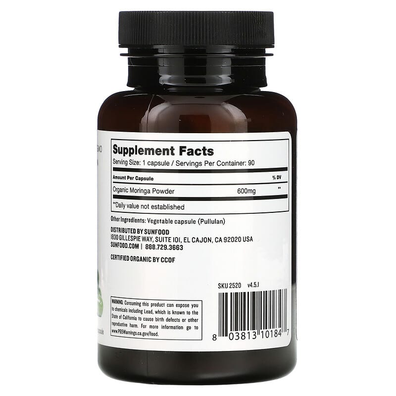 Sunfood, Moringa Capsules, 600 mg, 90 Count 803813101847