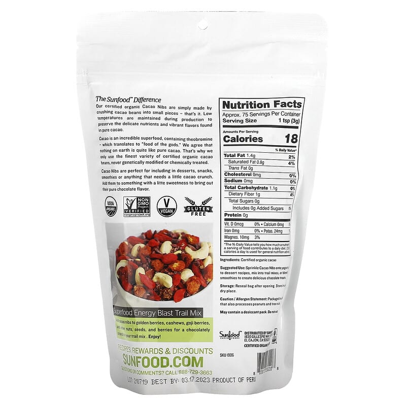 Sunfood, Organic Cacao Nibs, 8 oz (227 g) 803813030208