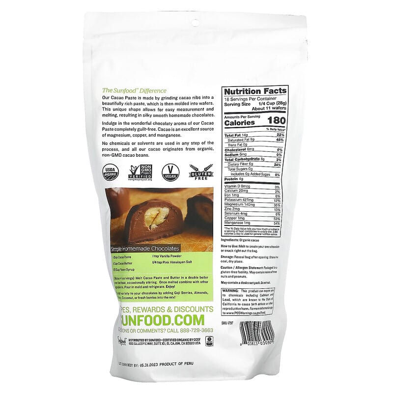 Sunfood, Organic Cacao Paste, 1 lb (454 g) 803813030901