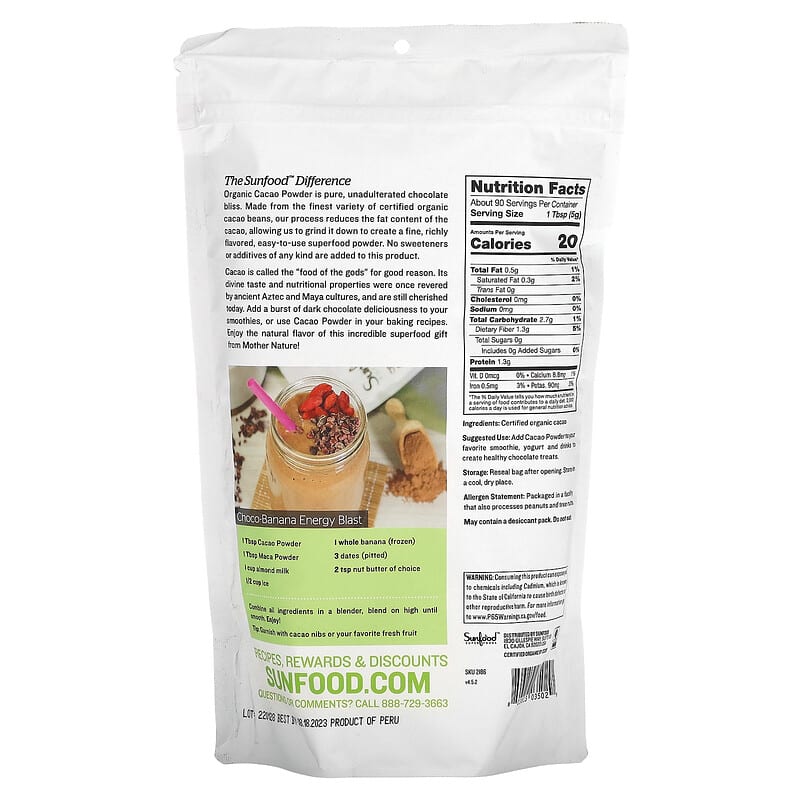 Sunfood, Organic Cacao Powder, 1 lb (454 g) 803813035029