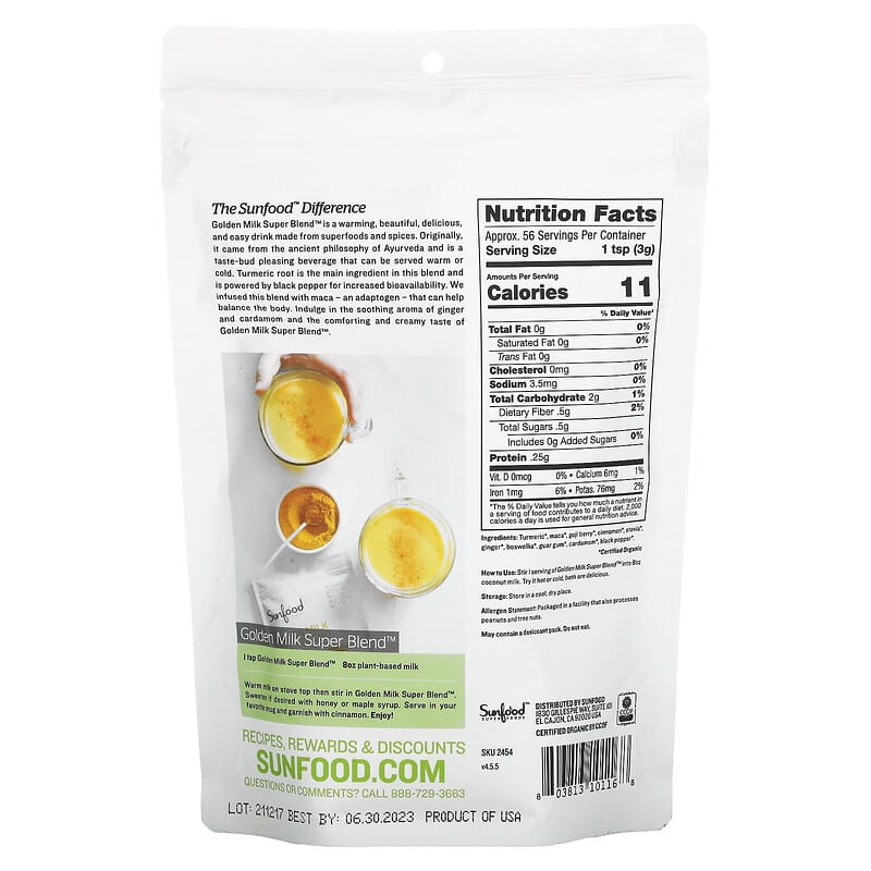 Sunfood, Organic Golden Milk Super Blend Powder, 6 oz (168 g) 803813101168