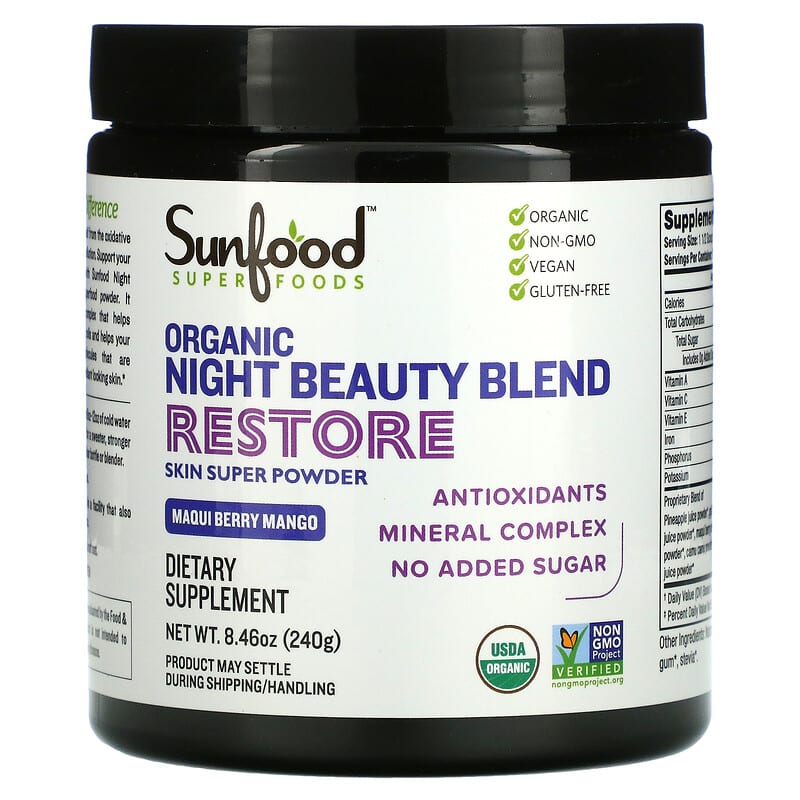 Sunfood Organic Night Beauty Blend Restore Maqui Berry Mango 8.46 oz (240 g) 803813102967