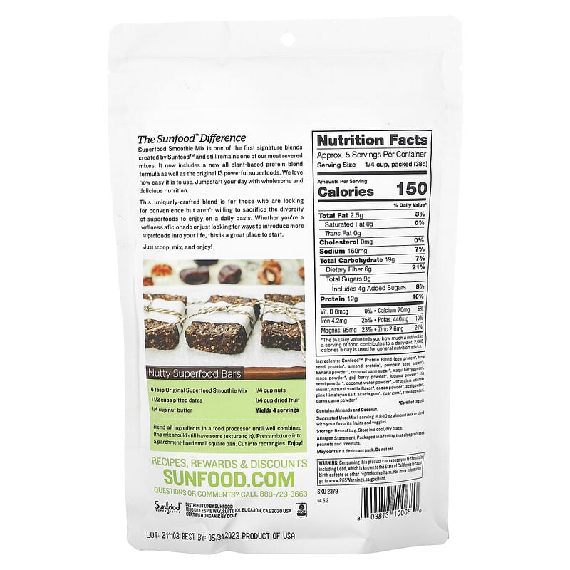 Sunfood, Organic Superfood Smoothie Mix, Original , 8 oz (227 g) 803813100680