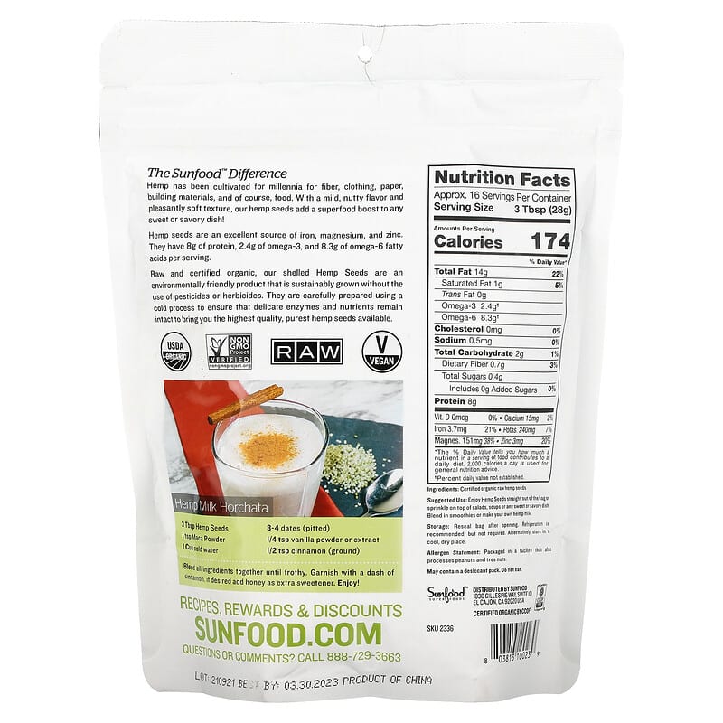 Sunfood, Raw Organic Hemp Seeds, 1 lb (454 g) 803813100239