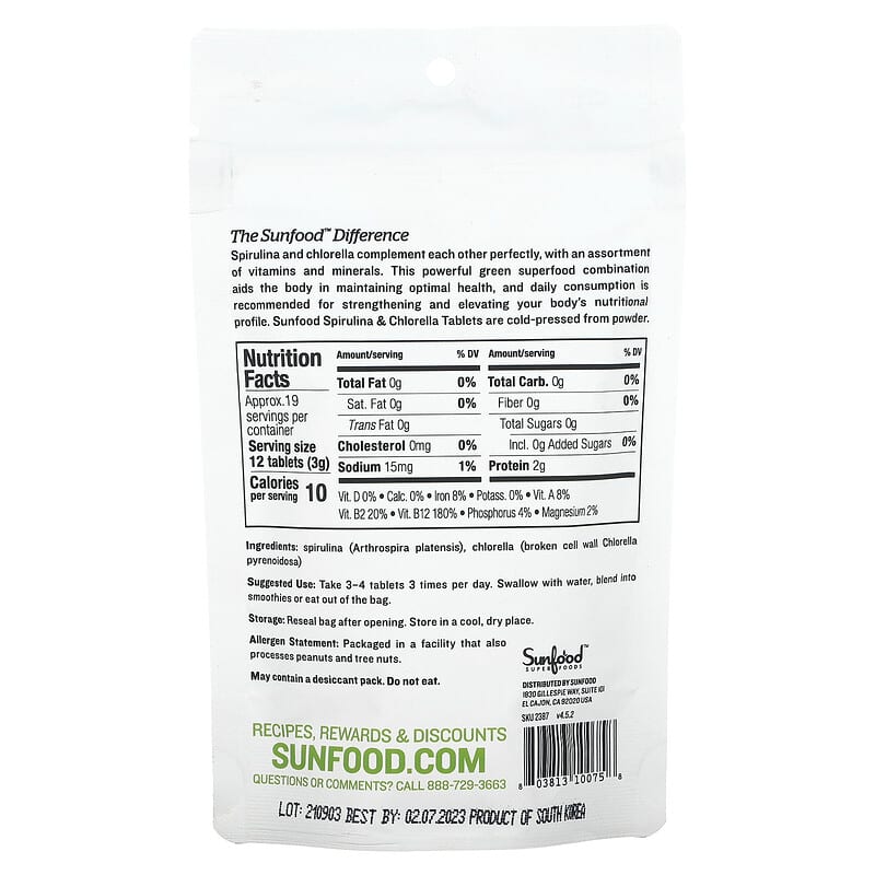 Sunfood, Spirulina & Chlorella, Super Algae Tablets, 250 mg,  Approx. 228 Tablets, 2 oz (57 g) 803813100758