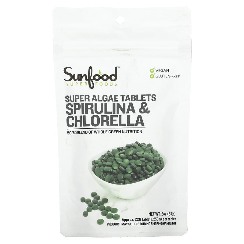 Sunfood Spirulina & Chlorella Super Algae Tablets 250 mg Approx. 228 Tablets 2 oz (57 g) 803813100758