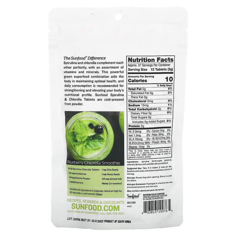 Sunfood, Super Algae Tablets Spirulina & Chlorella, 250 mg, 456 Tablets 803813100765