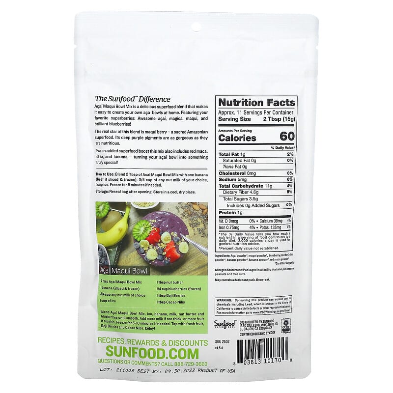 Sunfood, Superfoods, Organic Acai Maqui Bowl Mix, 6 oz (170 g) 803813101700