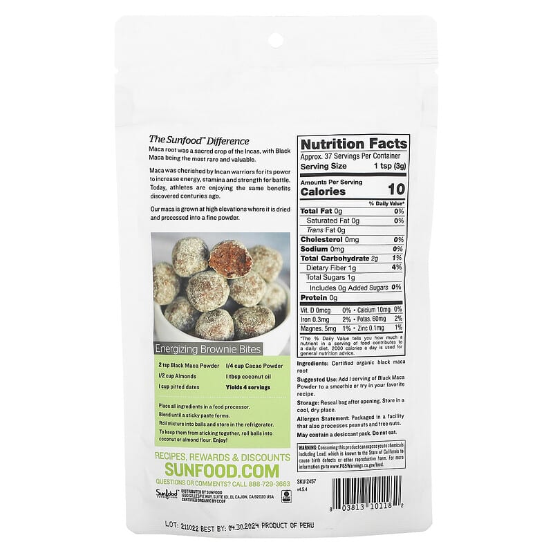 Sunfood, Superfoods, Organic Black Maca Powder, 4 oz (113 g) 803813101182