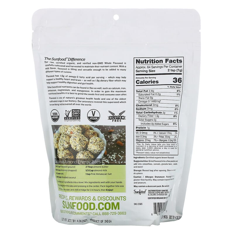 Sunfood, Superfoods, Raw Organic Whole Flaxseed, 1 lb (453.5 g) 803813102295