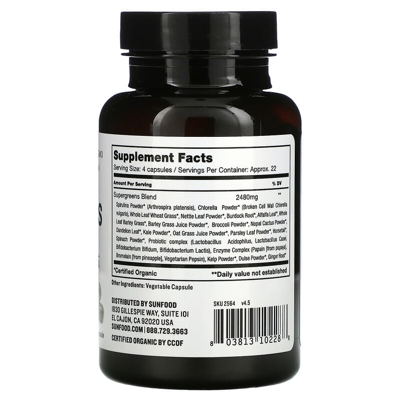 Sunfood, Supergreens Capsules, 620 mg, 90 Capsules 803813102288