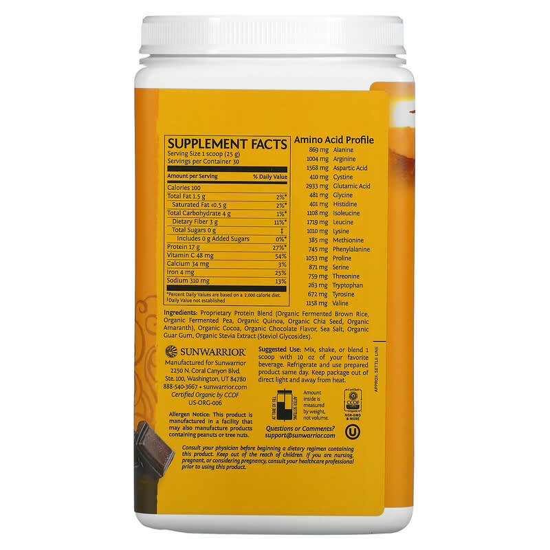 Sunwarrior, Classic Plus Protein, Plant Based, Chocolate, 1.65 lb (750 g) 814784024172