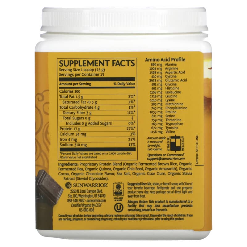 Sunwarrior, Classic Plus Protein,  Plant Based, Chocolate, 13.2 oz (375 g) 814784024165
