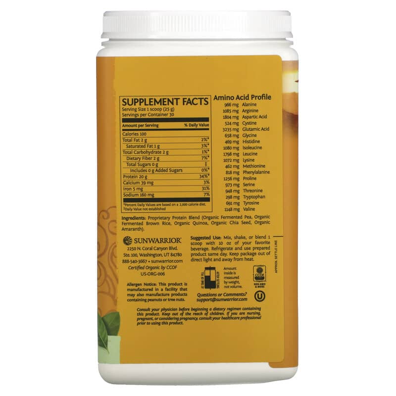 Sunwarrior, Classic Plus Protein, Plant Based, Unflavored, 1.65 lb (750 g) 814784024196