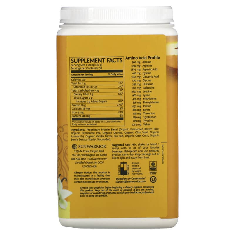 Sunwarrior, Classic Plus Protein, Plant Based, Vanilla, 1.65 lb (750 g) 814784024219