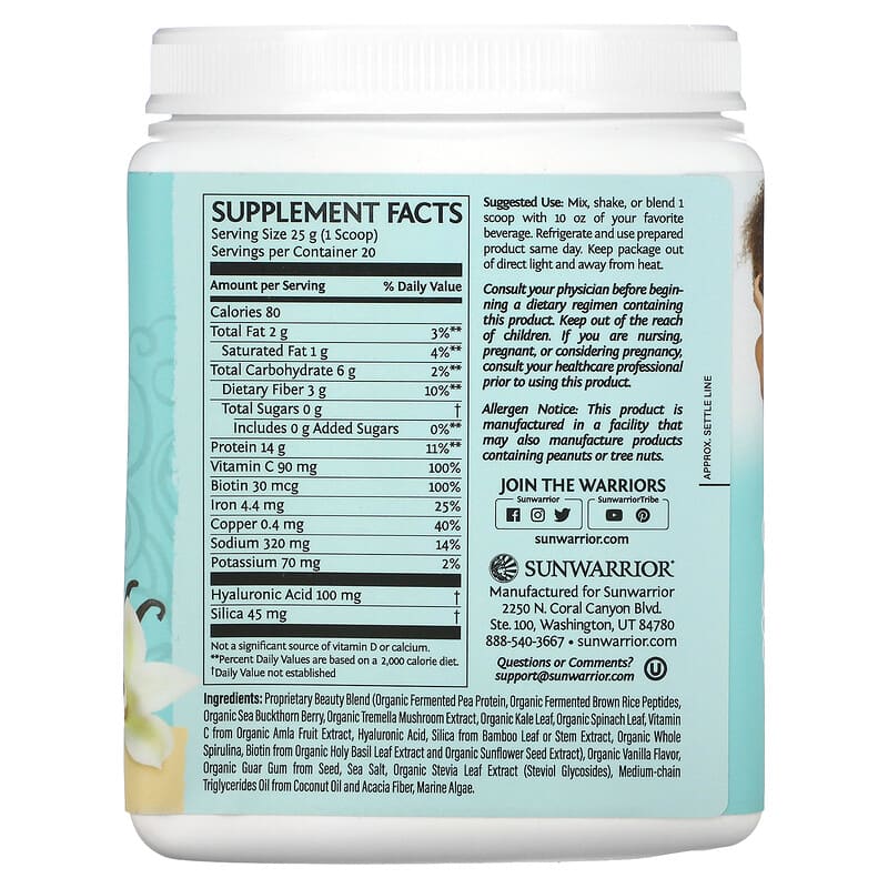 Sunwarrior, Collagen Building Protein Peptides, Tahitian Vanilla, 1.1 lb (500 g) 814784026527