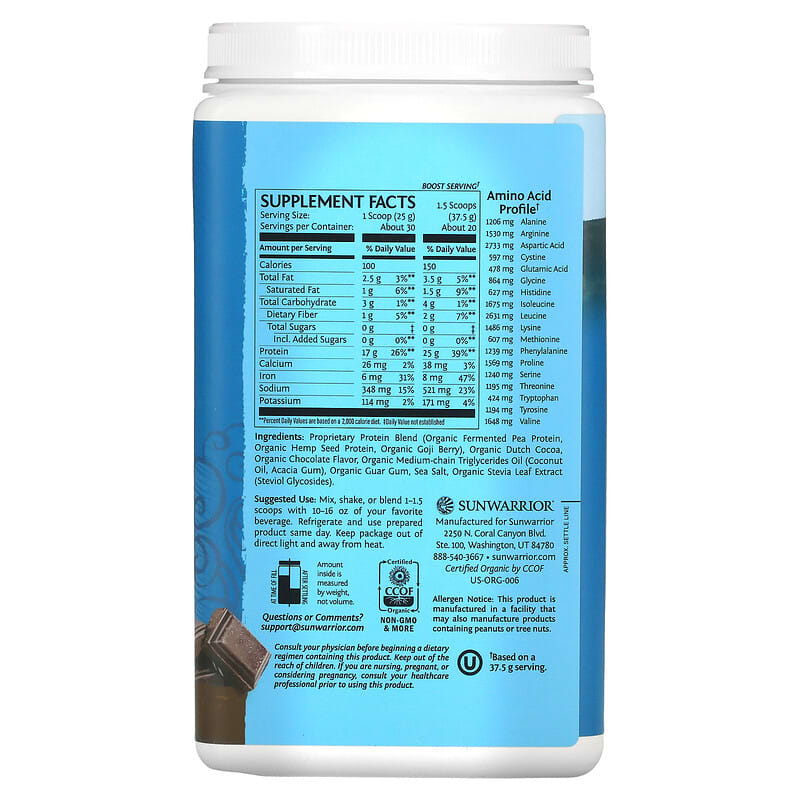 Sunwarrior, Warrior Blend Protein, Chocolate, 1.65 lb (750 g) 814784024257