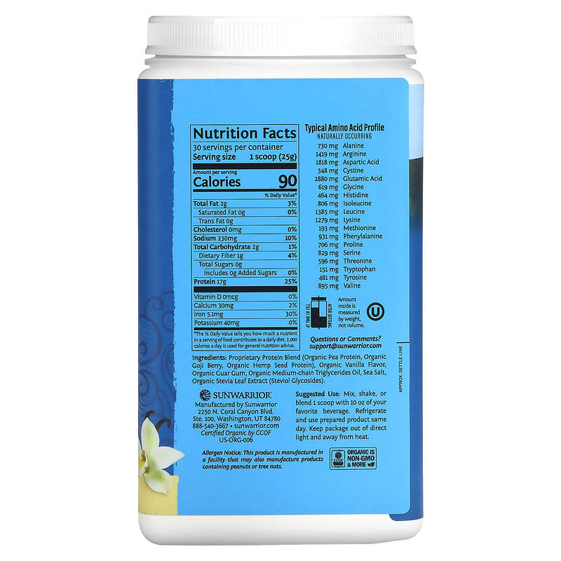 Sunwarrior, Warrior Blend Protein, Vanilla, 1.65 lb (750 g) 814784024318
