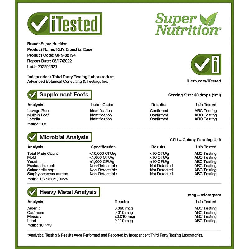 Super Nutrition, Kid's Liquid Bronchial Ease, No Alcohol, Cherry, 1 fl oz (30 ml) 898220021949
