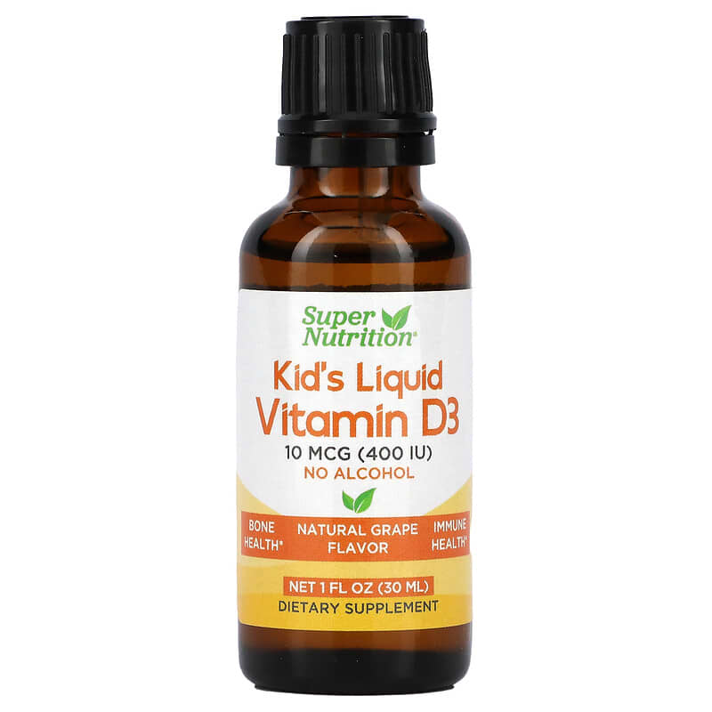 Super Nutrition, Kid’s Liquid Vitamin D3, No Alcohol, Grape, 10 mcg (400 IU), 1 fl oz (30 ml) 898220021970