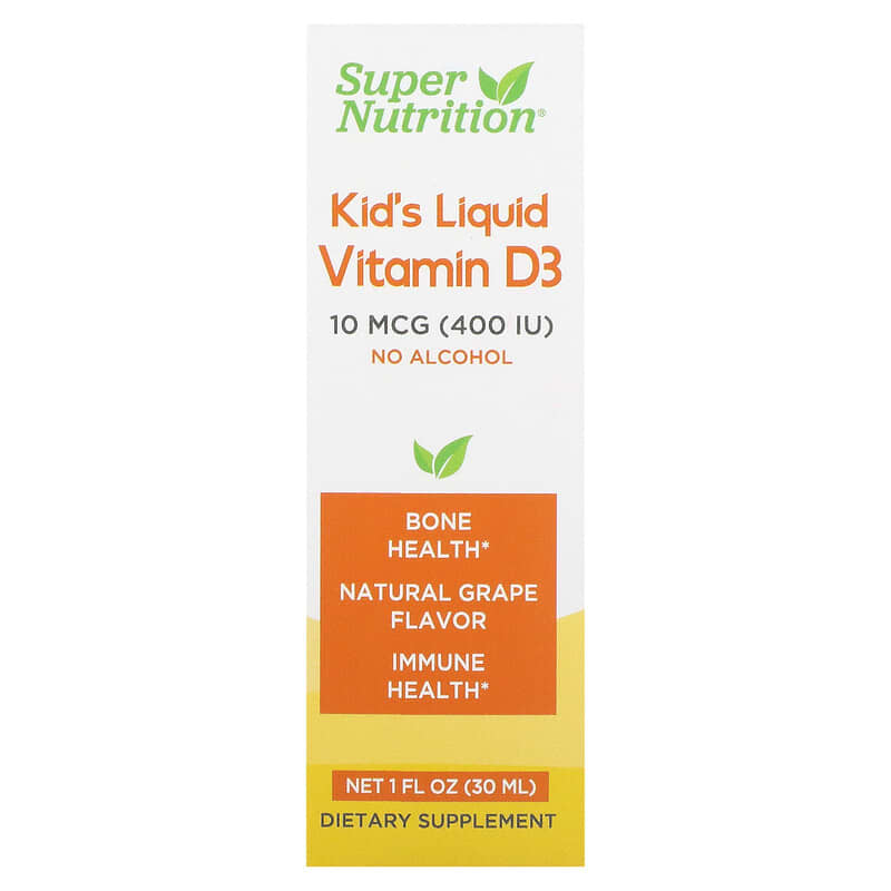 Super Nutrition Kid’s Liquid Vitamin D3 No Alcohol Grape 10 mcg (400 IU) 1 fl oz (30 ml) 898220021970