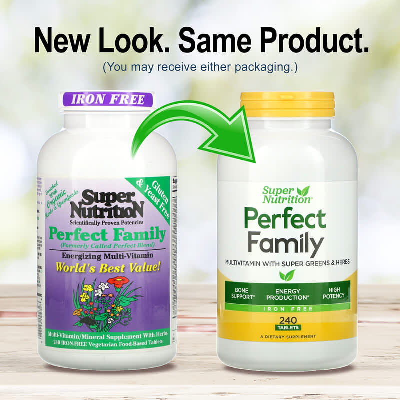 Super Nutrition, Perfect Family, Multivitamin with Super Greens & Herbs, Iron Free, 240 Tablets 33739002328
