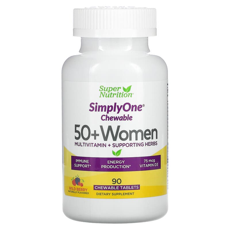 Super Nutrition SimplyOne 50+ Women Multivitamin + Supporting Herbs Wild-Berry 90 Chewables 33739002861
