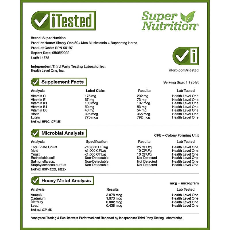 Super Nutrition, SimplyOne, Men’s 50+ Multivitamin with Supporting Herbs, Iron Free, 30 Tablets 33739001970