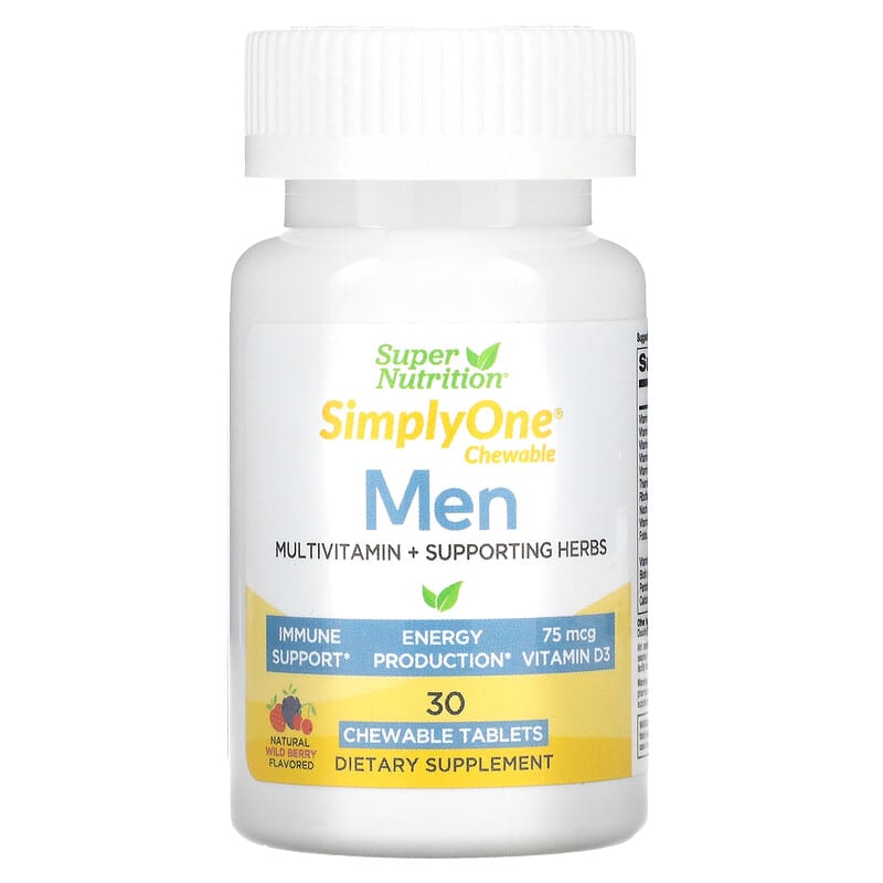 Super Nutrition SimplyOne Men’s Multivitamin + Supporting Herbs Wild-Berry 30 Chewable Tablets 33739002694