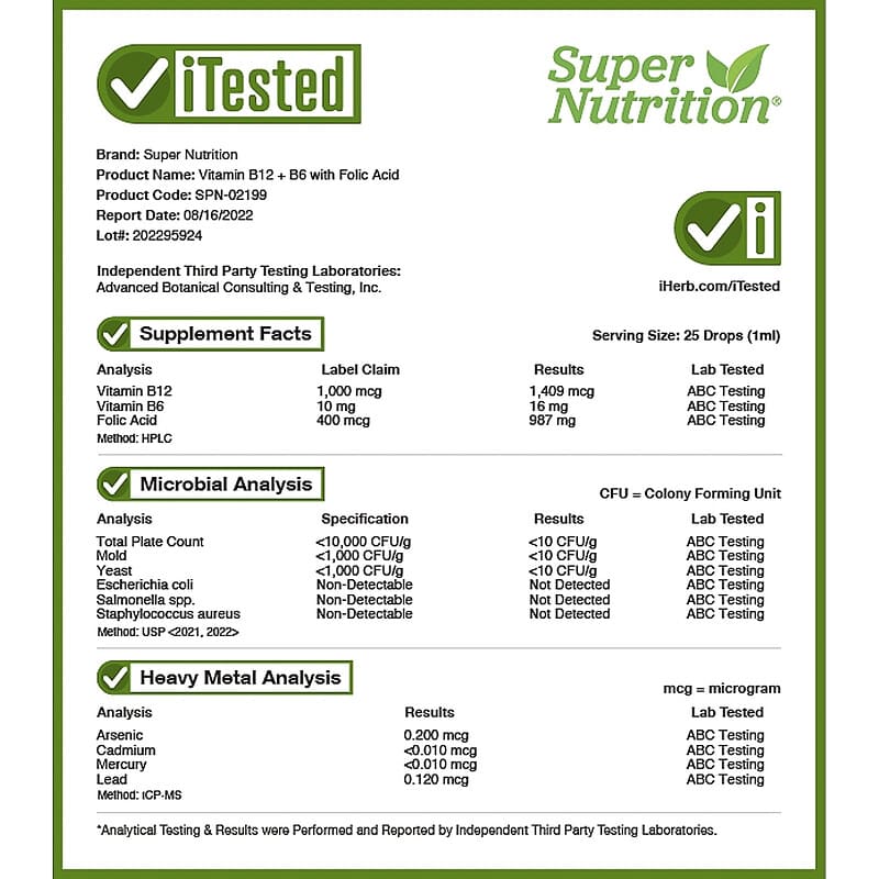 Super Nutrition, Vitamin B12 + B6 with Folic Acid, 1 fl oz (30 ml) 898220021994