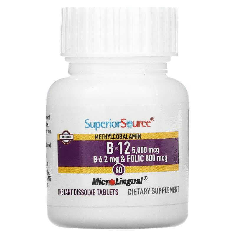 Superior Source, Methylcobalamin B-12, B-6 & Folic Acid, 5,000 mcg, 60 MicroLingual Instant Dissolve Tablets 76635907601