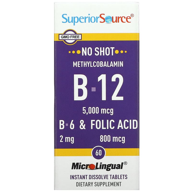 Superior Source Methylcobalamin B-12 B-6 & Folic Acid 5,000 mcg 60 MicroLingual Instant Dissolve Tablets 76635907601