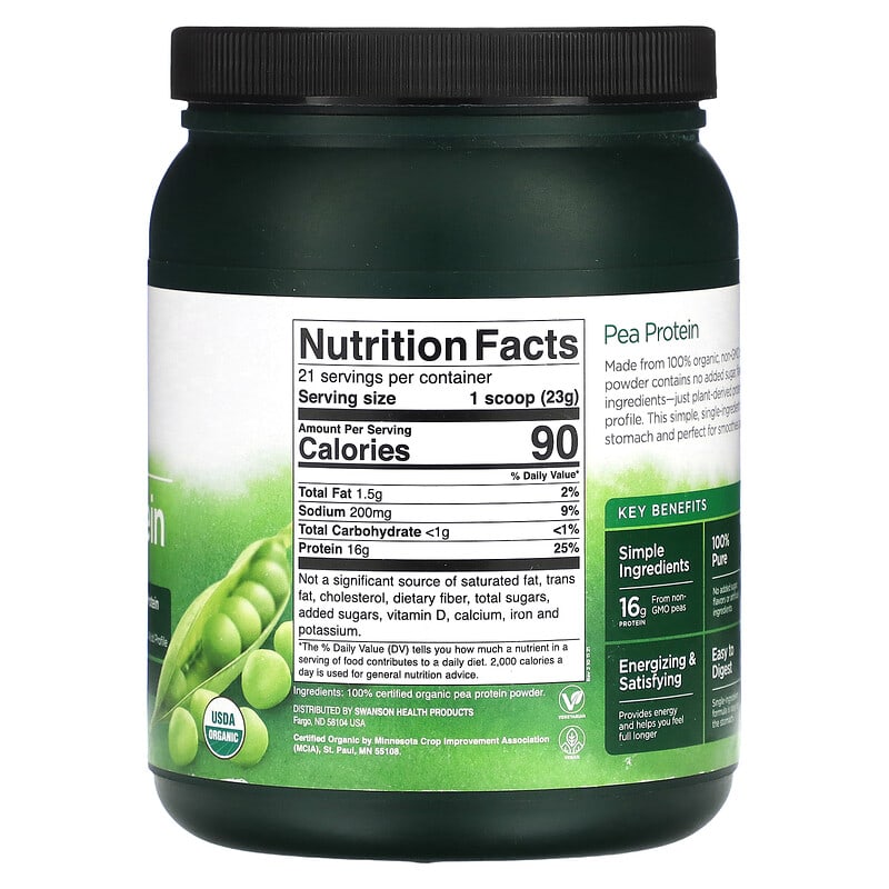 Swanson, 100% Organic Pea Protein Powder, Unflavored, 1.1 oz (503 g) 87614241975