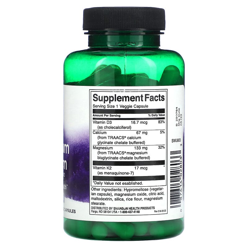 Swanson, Albion, Magnesium & Calcium with Vitamins D3 & K2, 90 Veggie Capsules 87614028033