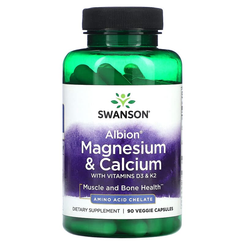 Swanson Albion Magnesium & Calcium with Vitamins D3 & K2 90 Veggie Capsules 87614028033
